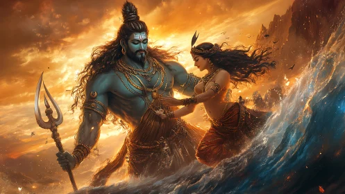 Glowing seascape shows divine couple rising through waves