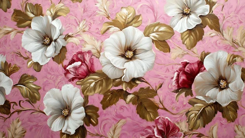 Painted white florals over baroque pink botanical ground.