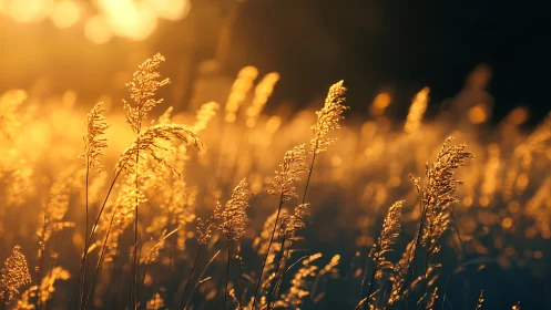 Golden evening sunlight washes over wild meadow grasses