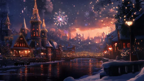Winter fantasy town river under fireworks and glowing lights.