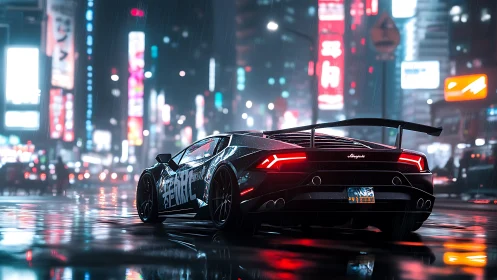 Midnight supercar drifting through neon soaked city streets.