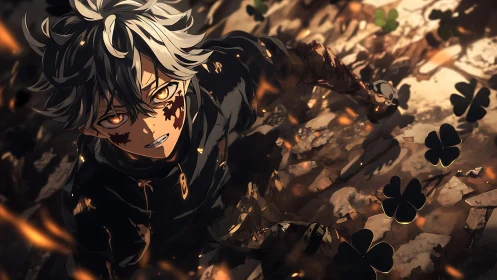 Cinder-eyed fighter among burning clovers and broken earth.