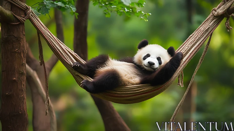 Young giant panda lying in fabric hammock between trees.
