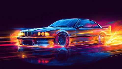 Neon outlined sports coupe drifts through glowing light trails