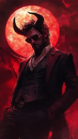 Devil-horned man in suit before red full moon.