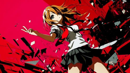 Dynamic anime heroine framed by bold red energy shards.