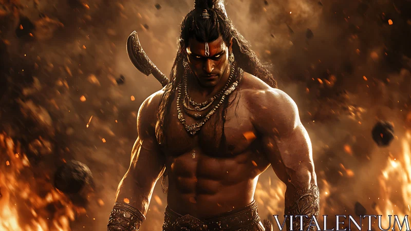 Muscular warrior deity rendered with cinematic volumetric fire field