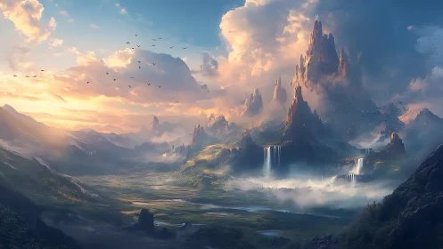 Sunlit fantasy peaks over misty waterfalls and valley.