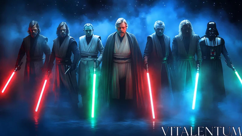 Cinematic Jedi&ndash;Sith lineup in volumetric nebular backlight.