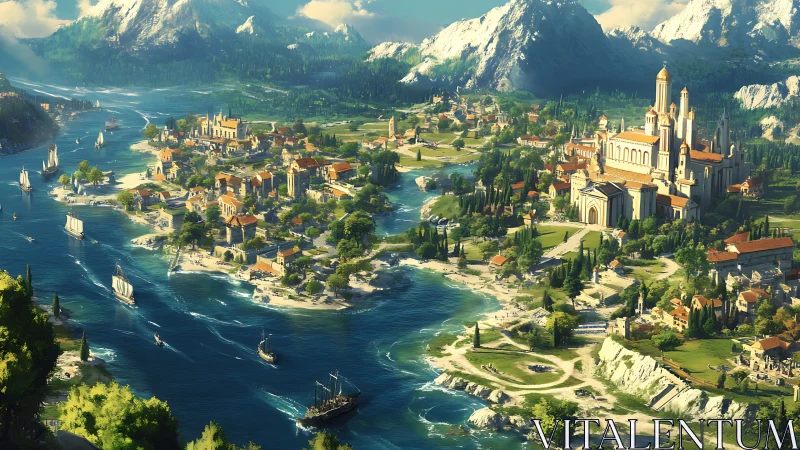 Sunlit river kingdom hums between snowy mountains and sea