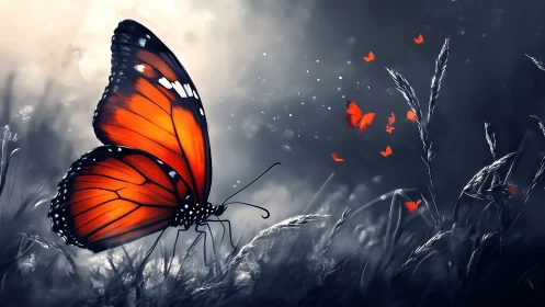 Large orange butterfly in monochrome field at twilight.