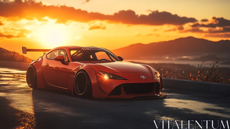 Widebody orange sports car glows against a vivid mountain sunset.