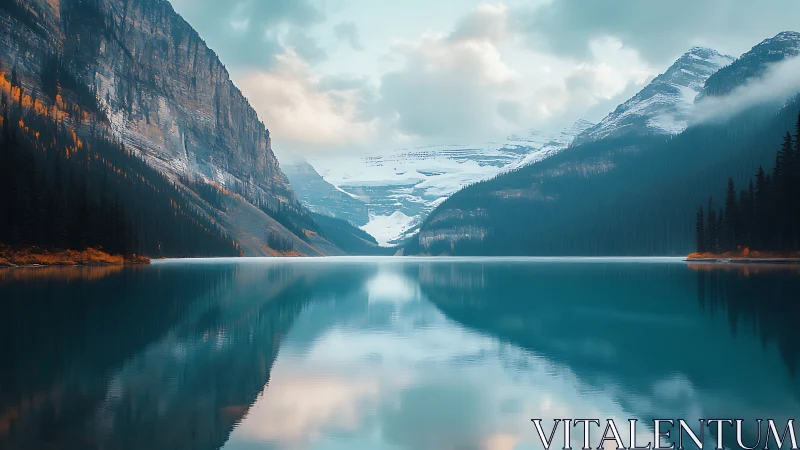 Symmetrical alpine lake reflection under diffused mountain light