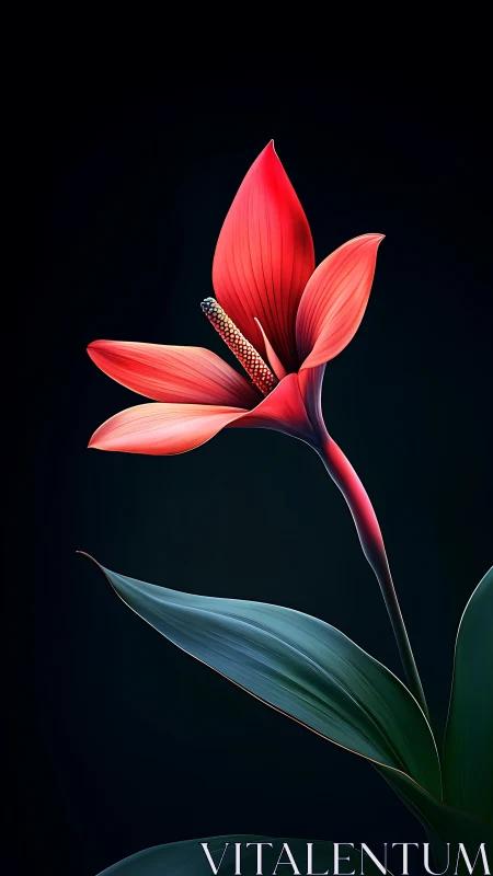 Crimson tropical flower glows softly against deep black