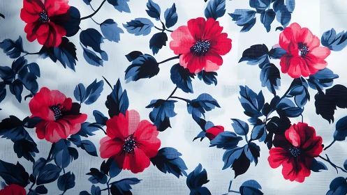 Red and Navy Floral Botanical Pattern Fabric Design