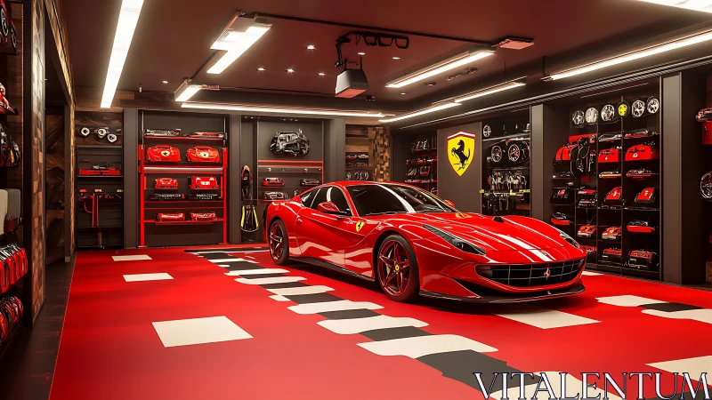 Red sports car is parked in organized automotive display garage