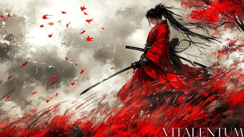 Solitary swordsman stands in wind among red foliage