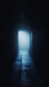 Soft blue glow at the end of a quiet midnight alleyway.