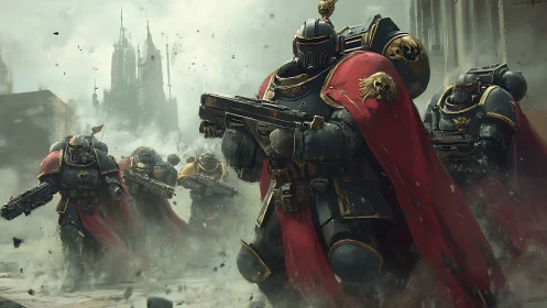 Armored space marines advance through smoke in cinematic charge
