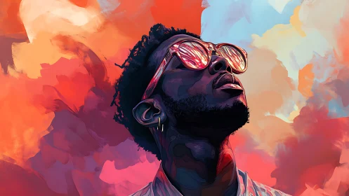 Digital painting portrait with luminous sky gradient backdrop.