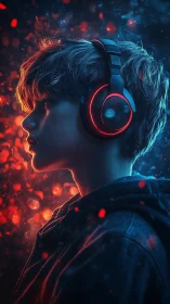 Neon-lit gamer portrait in blue and orange glow profile.