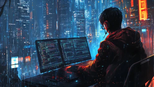Coder at dual monitors in dense neon cyberpunk cityscape.