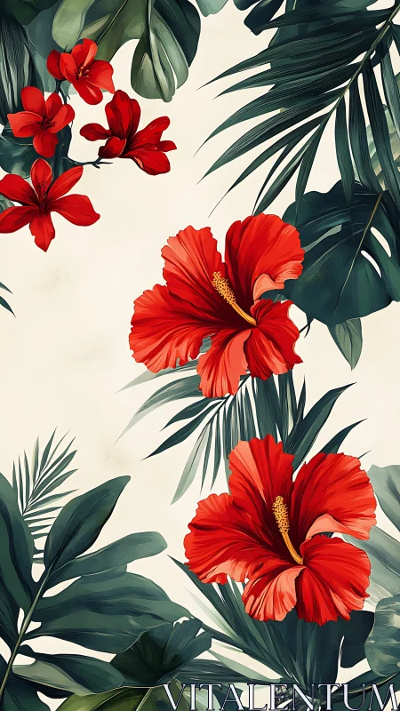 Red Hibiscus Flowers with Dark Green Foliage on Cream Background