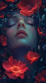 Bioluminescent portrait of serene face amid crimson poppies