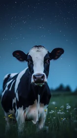 Holstein cow stands in a field under a clear starry sky