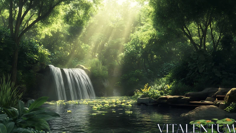 Waterfall in dense forest with sunlight streaming through canopy