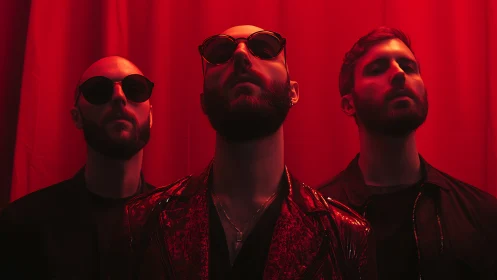 Photographic portrait triad under saturated red stage lighting.