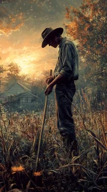 Solitary farmer stands in sunset field near rustic farmhouse.