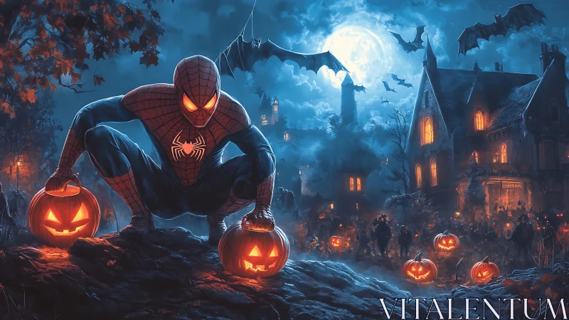 Masked hero crouches amid glowing jack o lanterns at night.