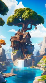 Treehouse Sanctuary: Architectural Fantasy Above Waterfall.