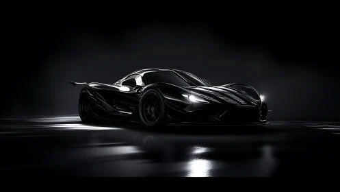 Black hypercar glows under dramatic studio lighting at night.