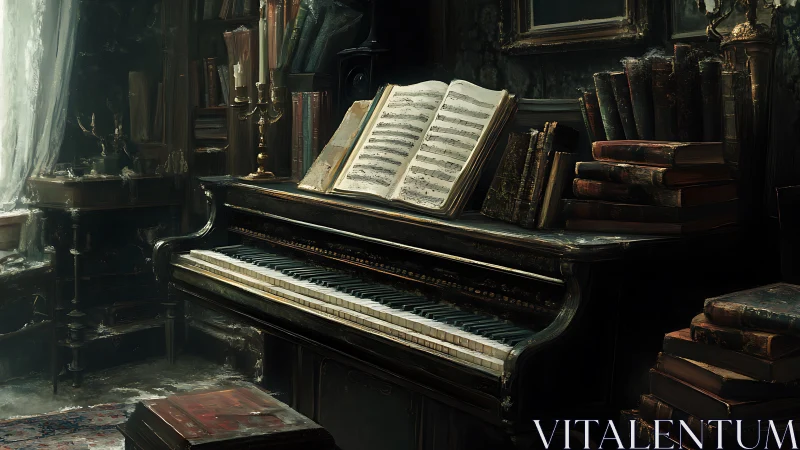 Ghosted sonata lingers over dust-lit, book-clad piano keys