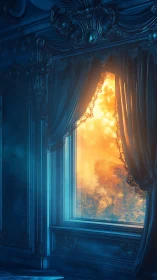 Twilight curtains negotiate firelit clouds beyond the window