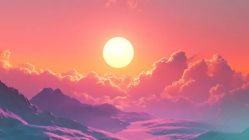 High-saturation digital sunset over low-poly snow mountains