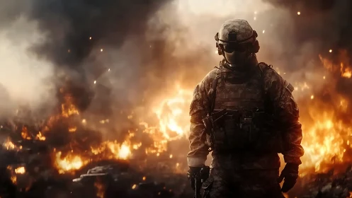 Armored soldier silhouetted against inferno battlefield flames.