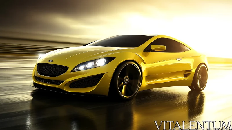 Yellow sports coupe rendered on reflective road surface.