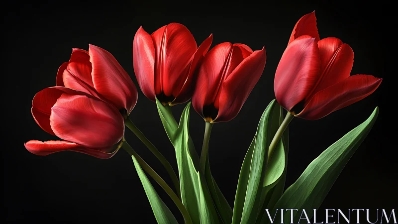 Red Tulips Against Black Background: High-Contrast Botanical Study.