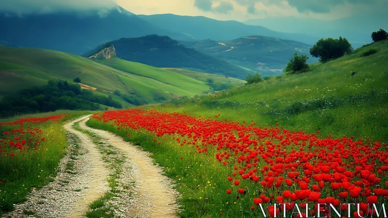 Country dirt road cuts through vivid red poppy valley.