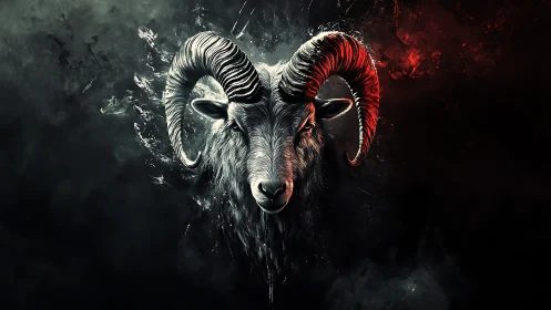 Ram head portrait in high-contrast smoke with red accent lighting