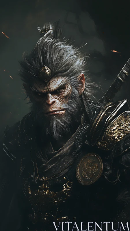 Mythic warrior primate portrait in ornate gilded armor.