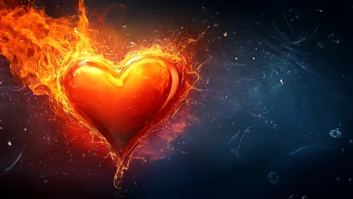 Flaming Heart Engulfed in Radiant Fire and Ice Contrast.