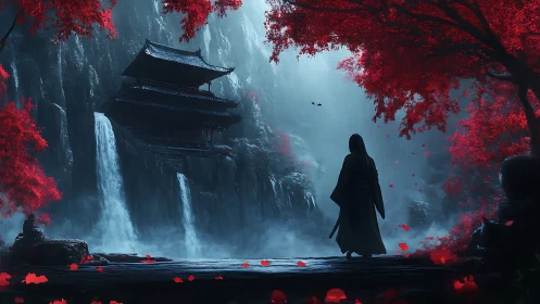 Wanderer beneath crimson trees at a misty hidden temple.