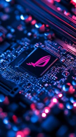 Neon-lit gaming chipset glows across detailed motherboard.