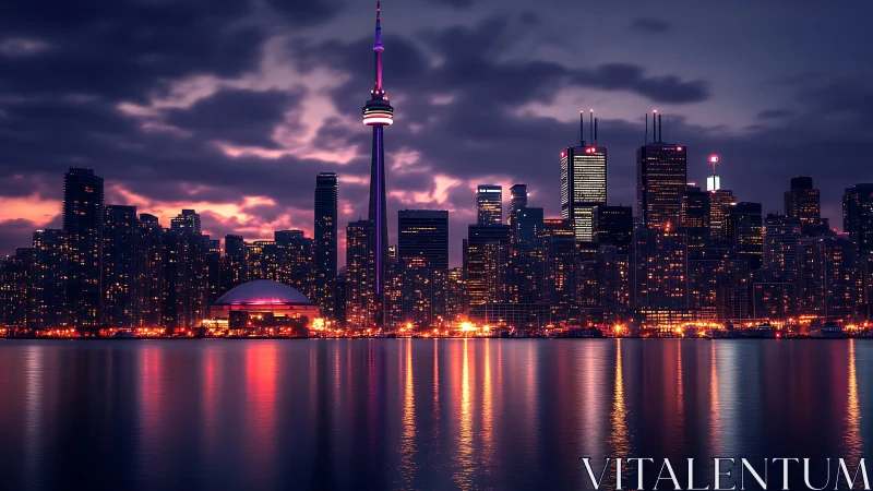 Toronto skyline glows over calm harbor under twilight clouds