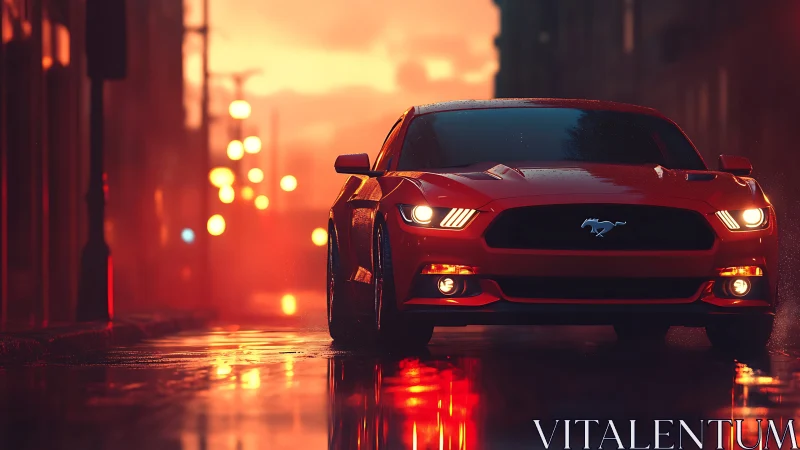 Red sports coupe on wet city street at dusk in rain-soaked light.
