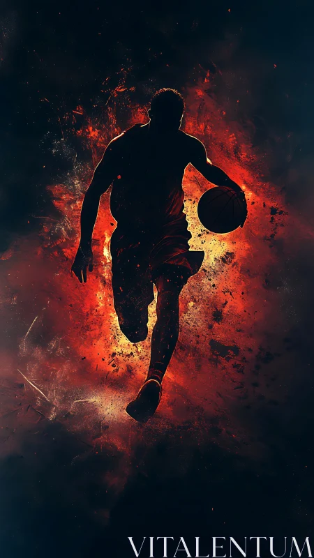 Fire-lit basketball silhouette racing through cosmic sparks.